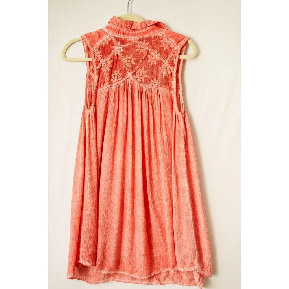 Free People Gauze Acid Wash Tie Dye Tunic Top Coral Boho‎ M